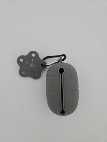 Grey silicone dog poop bag dispenser with carabiner clip and paw charm includes compostable 15 bag roll and 99% recycled 15 bag roll - thumbnail