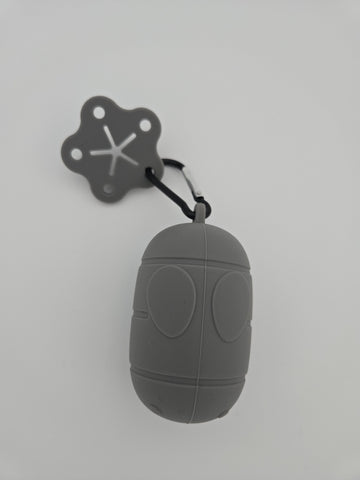 Grey silicone dog poop bag dispenser with carabiner clip and paw charm includes compostable 15 bag roll and 99% recycled 15 bag roll - thumbnail