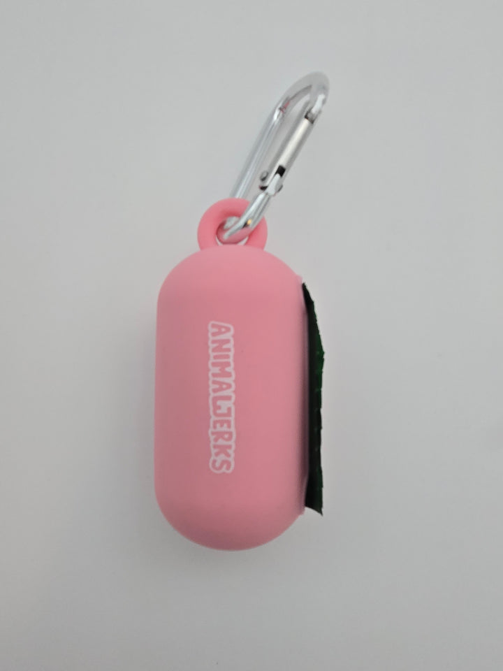 Pink portable food grade silicone dog waste bag dispenser with clip comes with compostable and recycled rolls