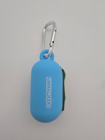 Blue portable food grade silicone dog waste bag dispenser with clip comes with compostable and recycled rolls - thumbnail