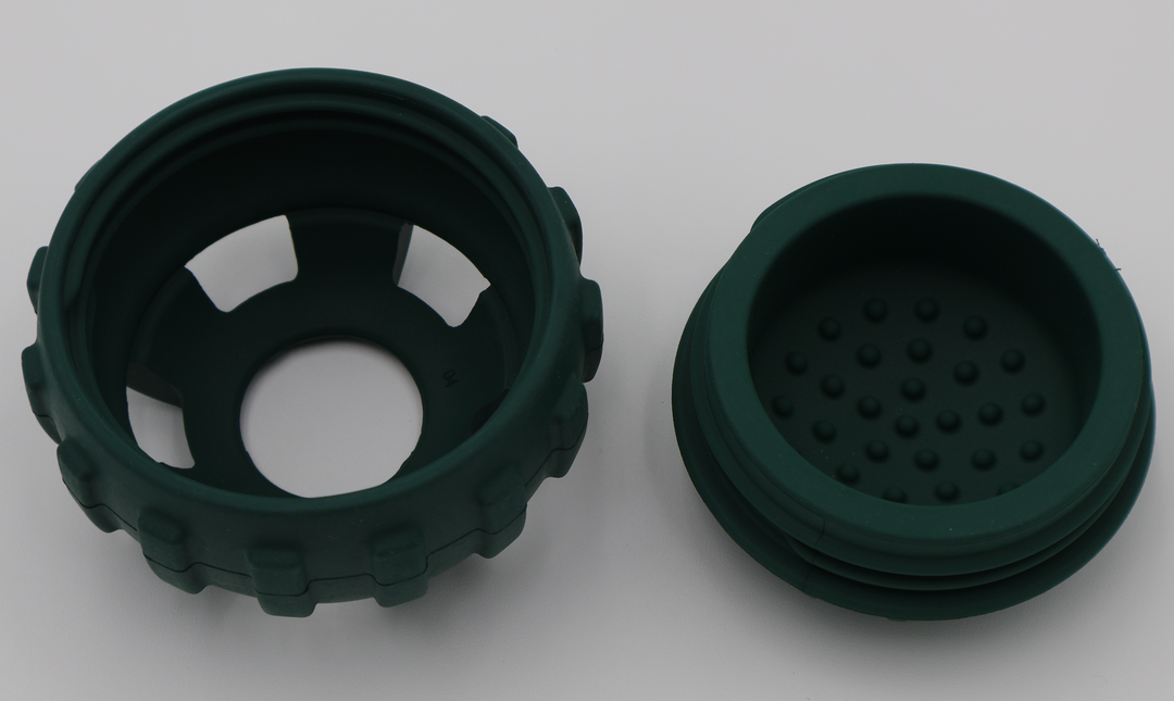 Open small green dog treat ball dispenser, two-piece design for frozen treats