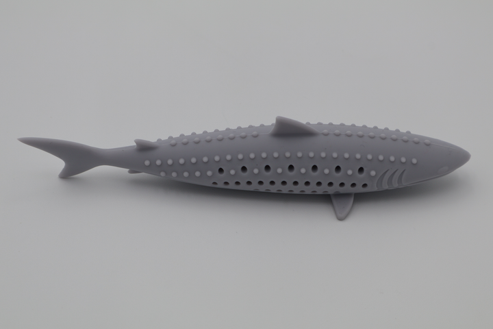 Grey durable food grade silicone shark toy for cats hollow center for catnip dishwasher safe, side view