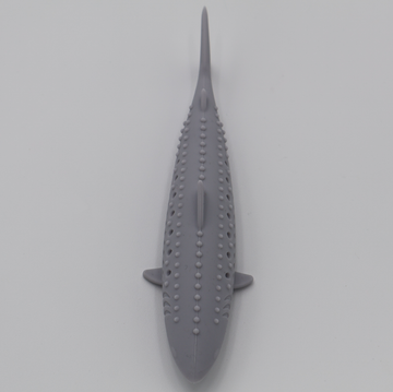 Grey durable food grade silicone shark toy for cats hollow center for catnip dishwasher safe, top view - thumbnail