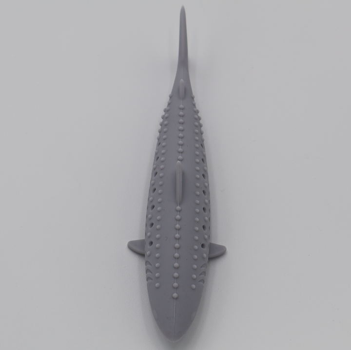 Grey durable food grade silicone shark toy for cats hollow center for catnip dishwasher safe, top view