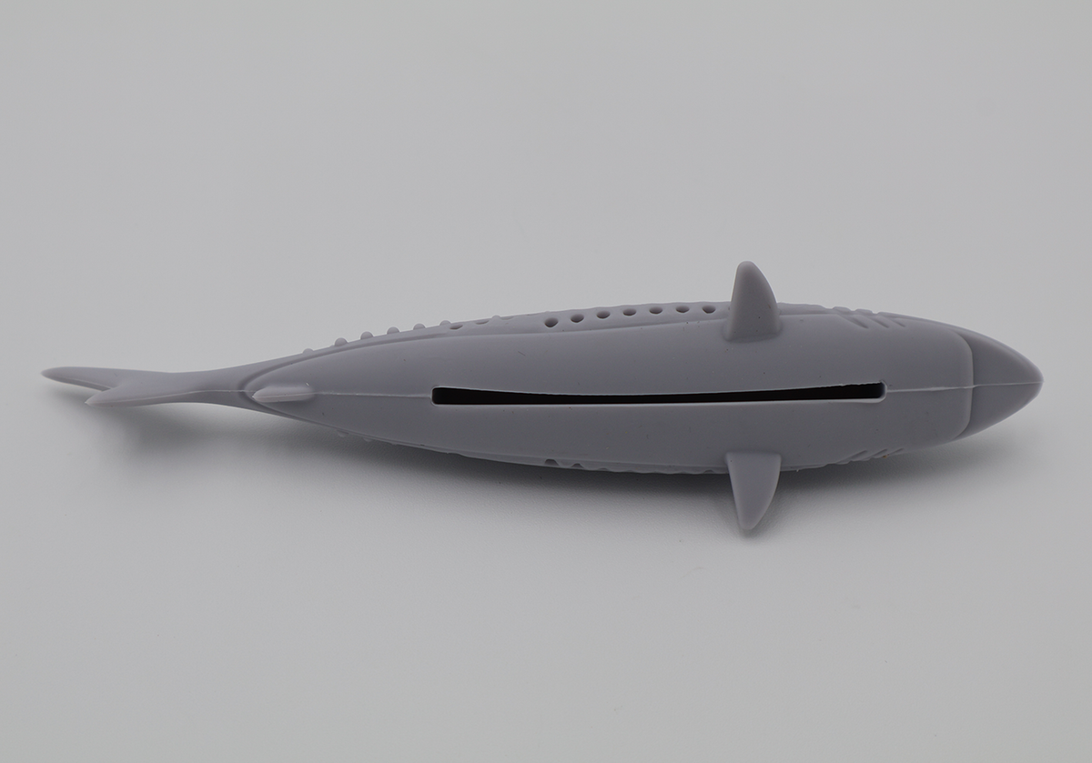 Grey durable food grade silicone shark toy for cats hollow center for catnip dishwasher safe, bottom view