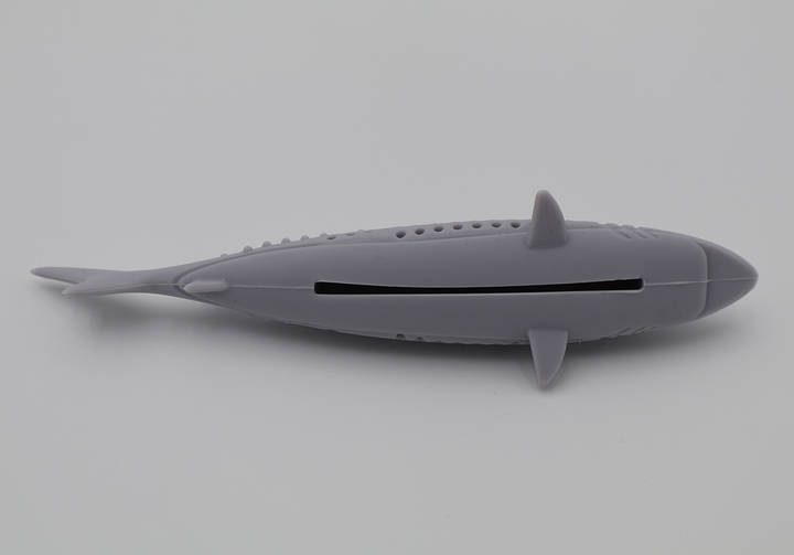 Grey durable food grade silicone shark toy for cats hollow center for catnip dishwasher safe, bottom view