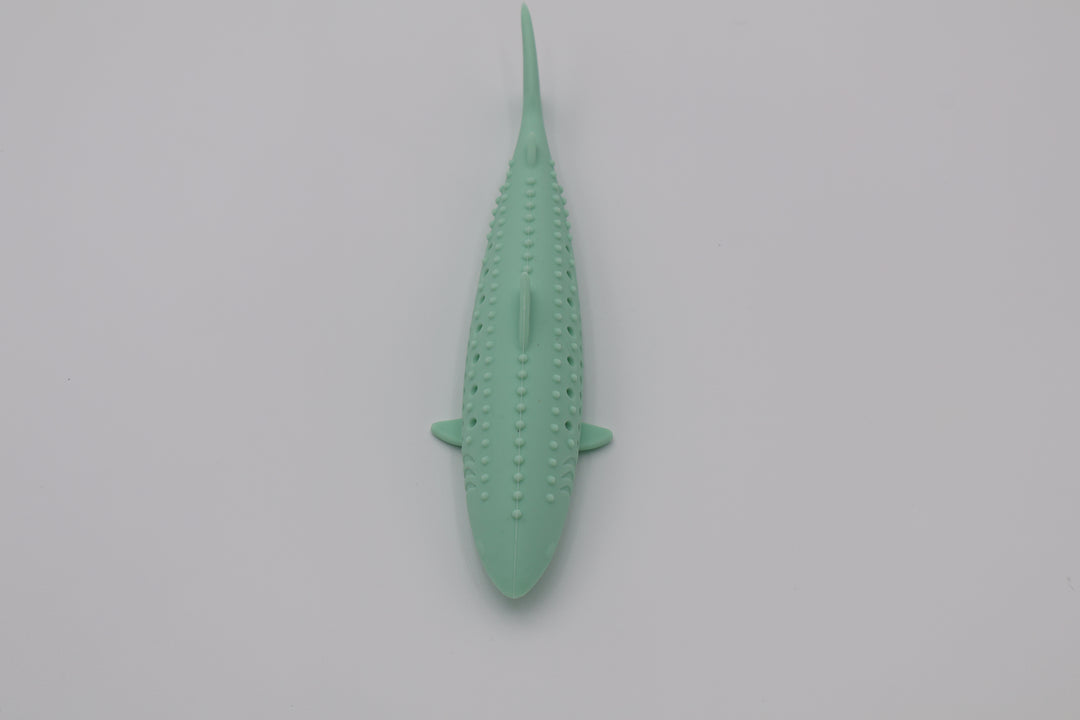 Mint green durable food grade silicone shark toy for cats hollow center for catnip dishwasher safe, top view