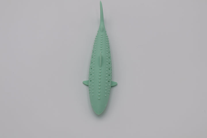 Mint green durable food grade silicone shark toy for cats hollow center for catnip dishwasher safe, top view