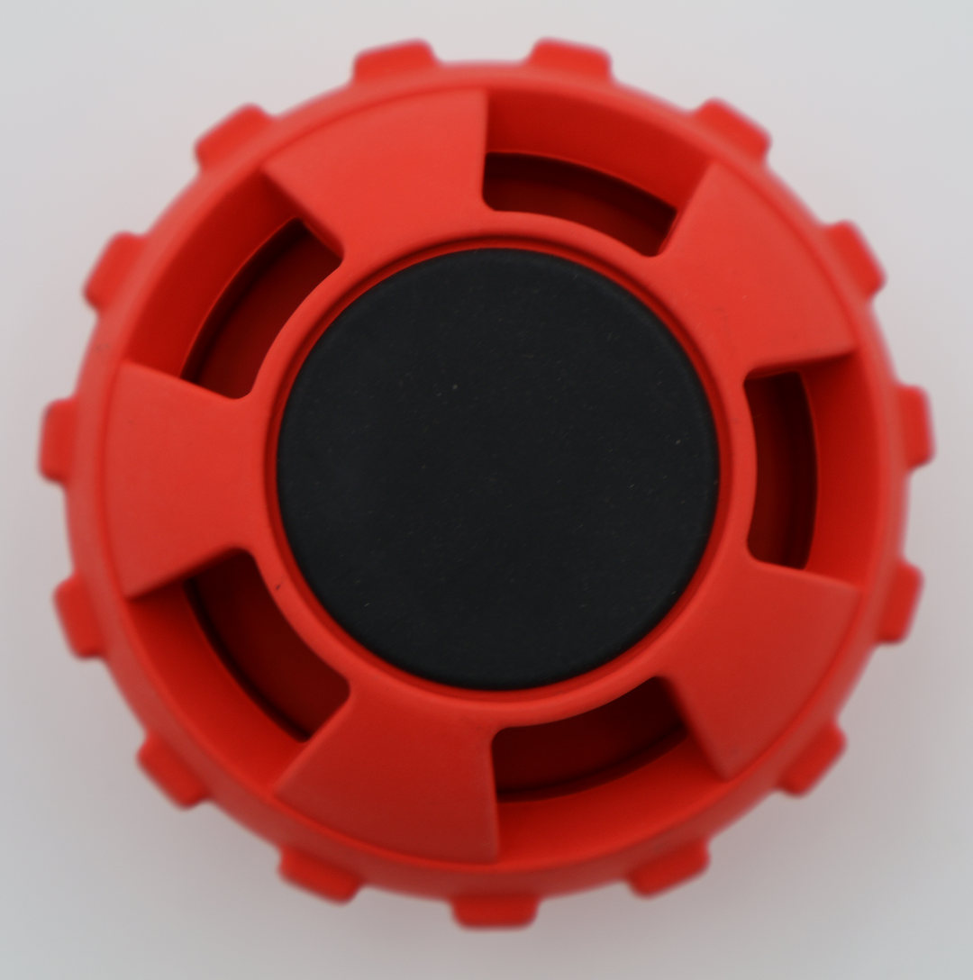 Large red dog treat ball dispenser, two-piece design for frozen treats