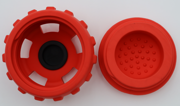 Open large red dog treat ball dispenser, two-piece design for frozen treats - thumbnail