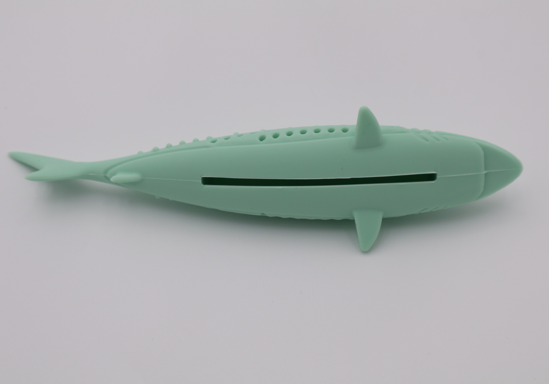 Mint green durable food grade silicone shark toy for cats hollow center for catnip dishwasher safe, bottom view
