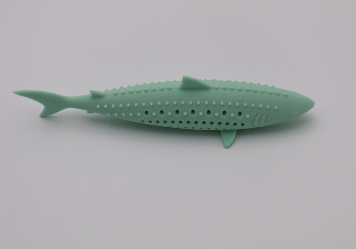 Mint green durable food grade silicone shark toy for cats hollow center for catnip dishwasher safe, side view
