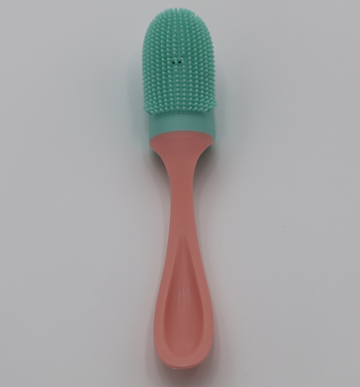 Pet toothbrush with  mint green silicone bristle head and ergonomic pink plastic handle  - thumbnail