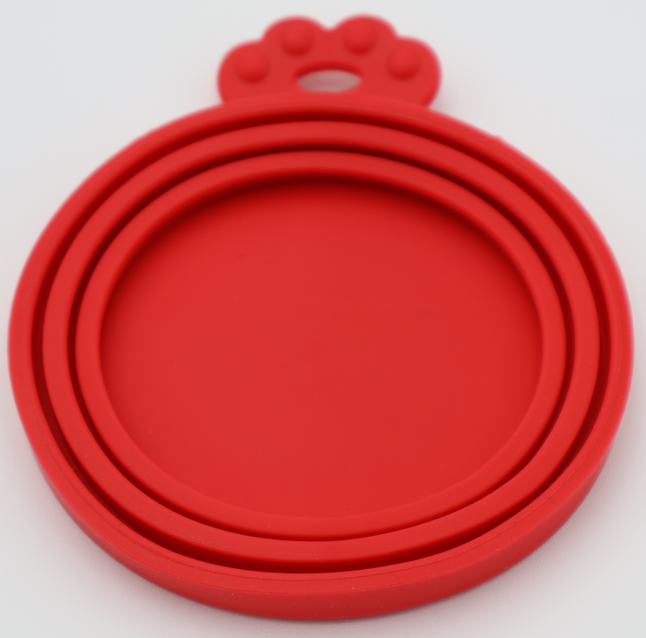 Red food-grade silicone lids for pet food cans airtight flexible universal fit, underneath view