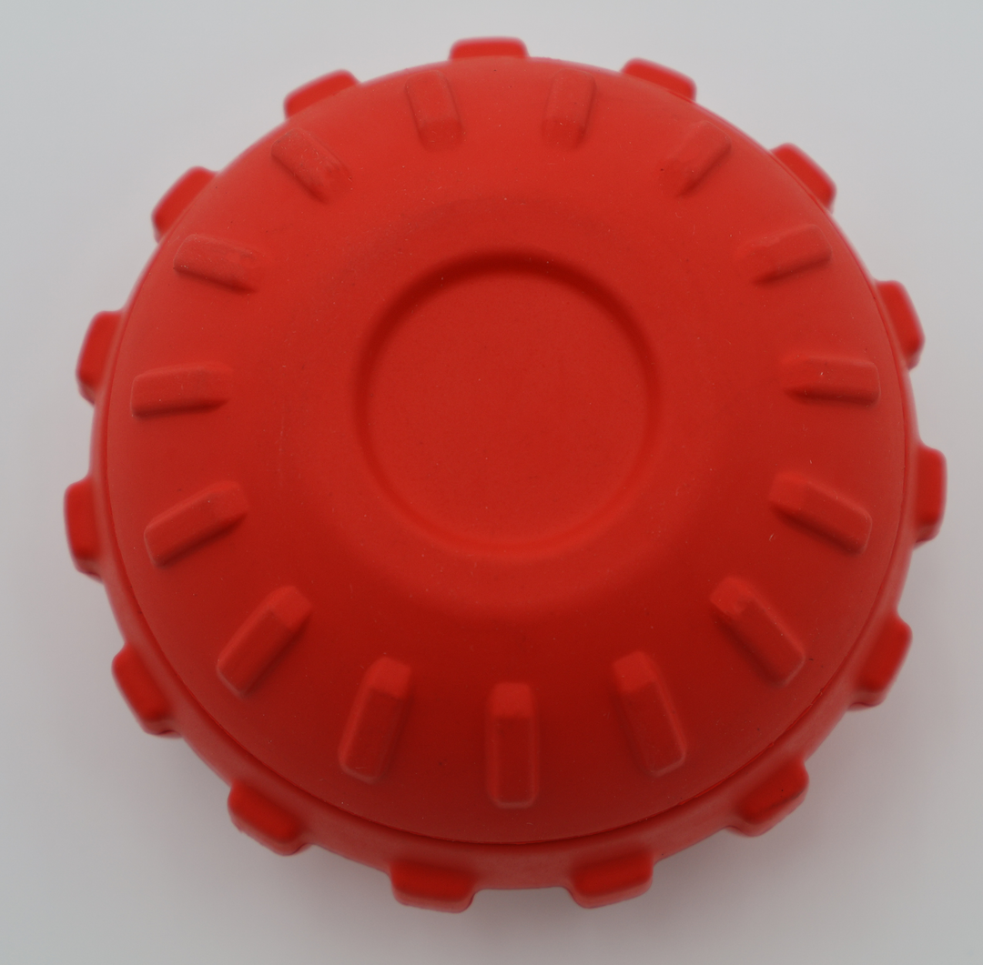 Bottom small red dog treat ball dispenser, two-piece design for frozen treats