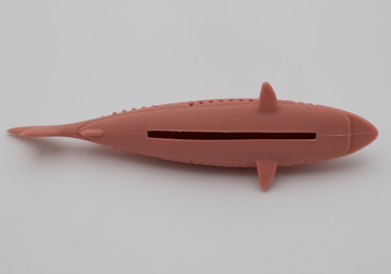 Coral pink durable food grade silicone shark toy for cats hollow center for catnip dishwasher safe, bottom view - thumbnail