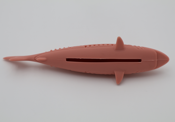 Coral pink durable food grade silicone shark toy for cats hollow center for catnip dishwasher safe, bottom view