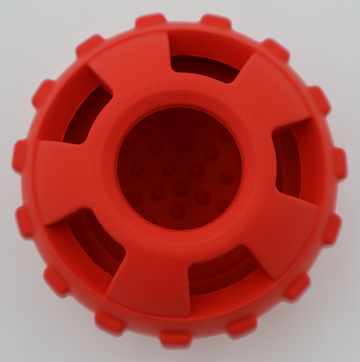 Small red dog treat ball dispenser, two-piece design for frozen treats - thumbnail