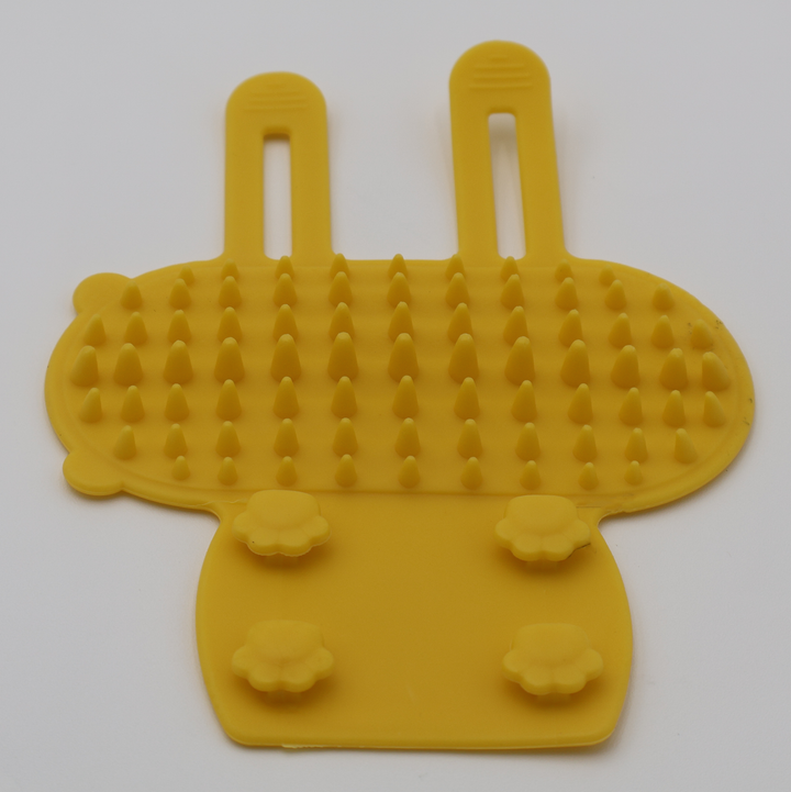 Yellow silicone cat grooming scratcher attaches to furniture legs two sizes