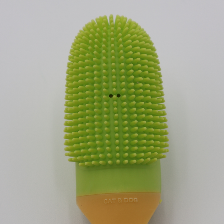 Silicone pet toothbrush head with soft cleaning lime green bristles for gentle dental care